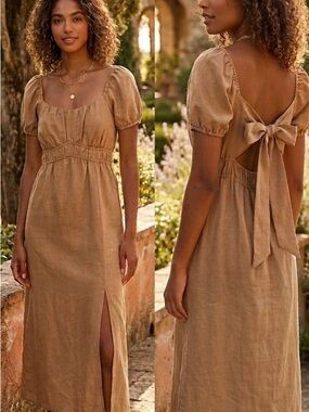 Backless Tie-Back Midi Dress in Tan